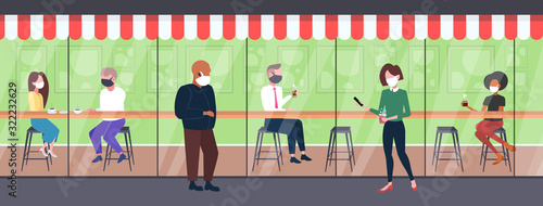 mix race people wearing masks to prevent epidemic MERS-CoV wuhan 2019-nCoV pandemic health risk concept cafe interior full length horizontal vector illustration