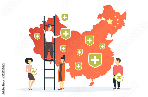 epidemic MERS-CoV flu spreading of world people putting medical shield pins of cities with coronavirus infection wuhan 2019-nCoV pandemic medical health risk chinese map background horizontal vector
