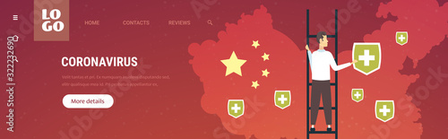 epidemic MERS-CoV man putting medical shield pins of cities with coronavirus infection wuhan 2019-nCoV pandemic medical health risk chinese map background horizontal full length copy space vector