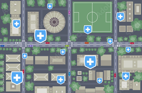 epidemic MERS-CoV medical cross shield indicated points disease spread coronavirus infection wuhan 2019-nCoV pandemic health risk city map horizontal top angle view vector illustration