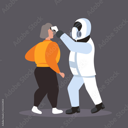 man in hazmat suit checking temperature of sick woman spreading coronavirus infection epidemic MERS-CoV virus wuhan 2019-nCoV pandemic health risk concept full length vector illustration