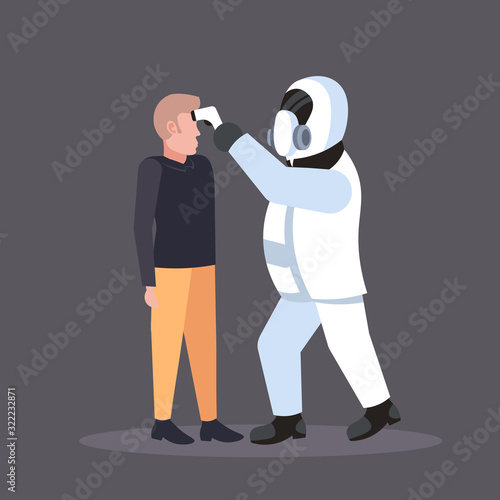 specialist in hazmat suit checking temperature of sick man spreading coronavirus infection epidemic MERS-CoV virus wuhan 2019-nCoV pandemic health risk concept full length vector illustration