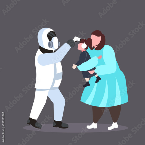 man in hazmat suit checking temperature of daughter with mother spreading coronavirus infection epidemic MERS-CoV virus wuhan 2019-nCoV pandemic health risk concept full length vector illustration