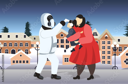 man in hazmat suit checking temperature of mother and daughter walking outdoor coronavirus infection epidemic MERS-CoV virus wuhan 2019-nCoV pandemic health risk concept full length horizontal vector