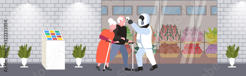 specialist in hazmat suit checking temperature of senior man woman walking city street coronavirus infection epidemic MERS-CoV virus wuhan 2019-nCoV health risk concept full length horizontal vector