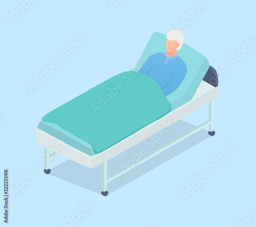 old man patient sleeping on the bed with modern isometric style