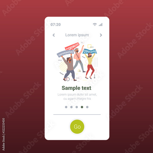 epidemic MERS-CoV people in protective masks holding banner stop coronavirus infection prevention concept wuhan 2019-nCoV pandemic health risk full length mobile app copy space vector illustration