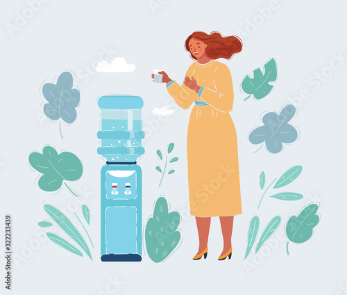 Woman standing near water cooler and drink water