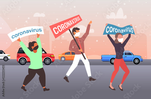 epidemic MERS-CoV people in protective masks holding banner stop coronavirus infection prevention concept wuhan 2019-nCoV pandemic health risk city street full length horizontal vector illustration