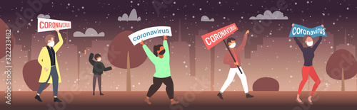 epidemic MERS-CoV people in protective masks holding banner stop coronavirus infection prevention concept wuhan 2019-nCoV pandemic health risk cityscape full length horizontal vector illustration