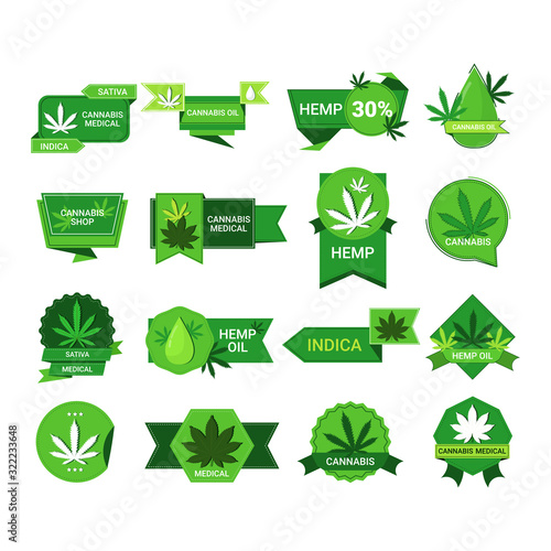 set marijuana leaf stickers cbd oil label hemp ganja cannabis weed badges medical pharmaceutical industry business company logo collection flat vector illustration