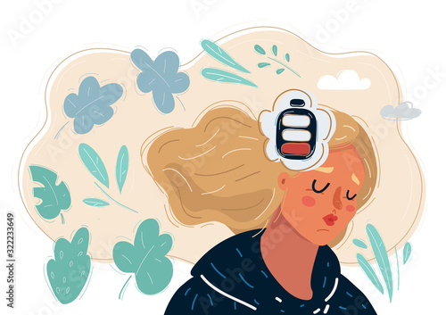 Tired woman. Low battery mind. Tired woman.