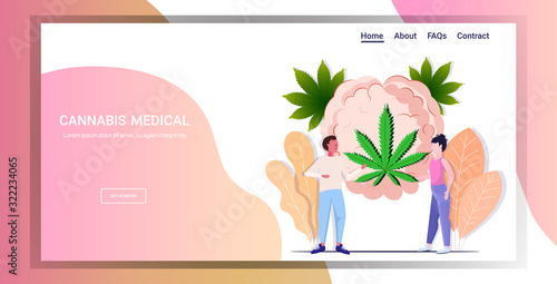 man woman standing near brain with cannabis leaf influence of smoking marijuana on human brain drug consumption concept horizontal flat full length copy space vector illustration