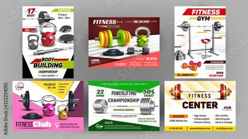 Fitness Club Sport Advertise Banners Set Vector. Collection Posters With Barbells, Kettlebells And Dumbbells. Equipment For Strong Muscles. Gym Powerlifting Tools Template Realistic 3d Illustrations