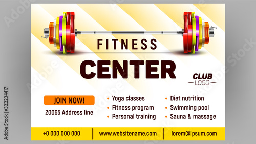 Fitness Center Sportive Advertising Banner Vector. Rubber Barbell Lifting Collapsible With Iron Weight Plates Fitness Equipment. Heavy Tool For Strong Muscles Layout Realistic 3d Illustration