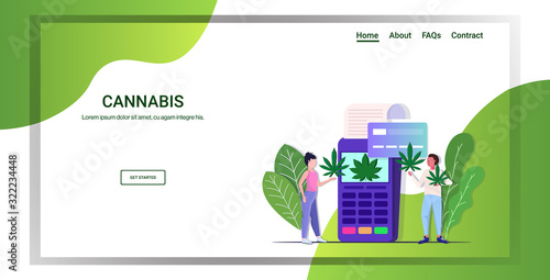 man woman buying medical cannabis marijuana using pos terminal and credit card drug consumption hemp plant order concept horizontal full length copy space vector illustration