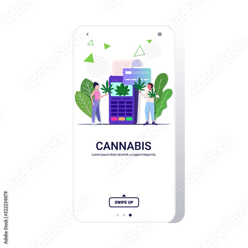 man woman buying medical cannabis marijuana using pos terminal and credit card drug consumption hemp plant order concept mobile app full length copy space vector illustration