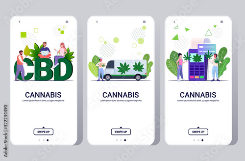 set people using cbd hemp oil delivering marijuana buying medical cannabis drug consumption concept mobile app smartphone screens collection flat full length horizontal copy space vector illustration