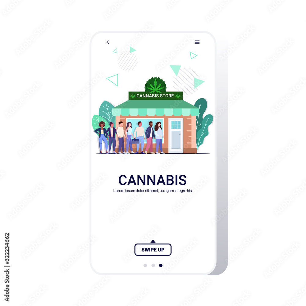 Naklejka premium mix race people standing line queue to cannabis store marijuana organic shop cbd products weed purchase drugs consumption concept mobile app full length copy space vector illustration