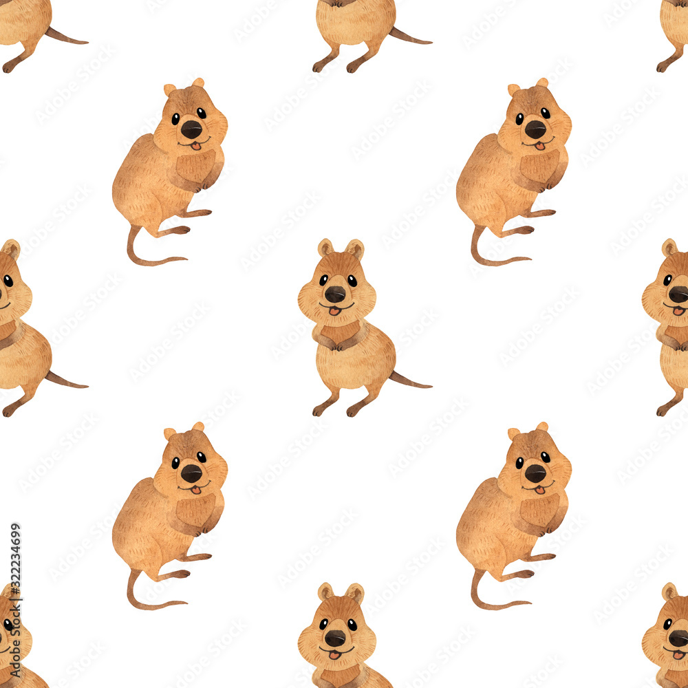 Seamless pattern cute kawaii hand drawn watercolor art. Smiling australian quokka. Isolated on white background Seamless pattern cute kawaii hand drawn watercolor art. Smiling australian quokka. Isolated on white background