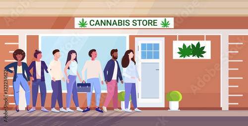 mix race people standing line queue to cannabis store marijuana organic shop cbd products weed purchase drugs consumption concept city street horizontal full length vector illustration