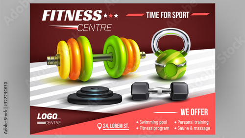 Fitness Centre Sport Advertising Poster Vector. Dumbbell, Barbells And Metal Discs Fitness Lifting Sportive Equipment. Training Tools Bright Concept Template Realistic 3d Illustration