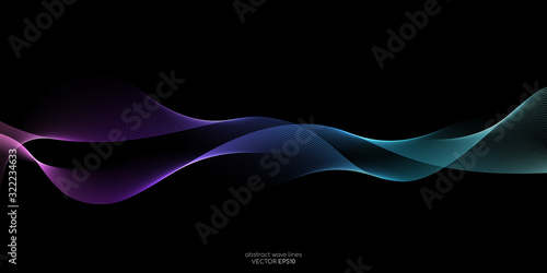 Abstract wave lines pattern dynamic colorful light flowing isolated on black background. Vector illustration design element in concept of music, technology, modern.