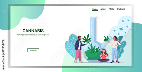 mix race people smoking cannabis marijuana with bong drug consumption concept full length horizontal copy space vector illustration