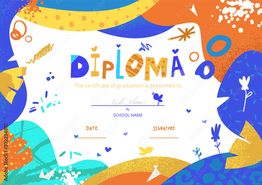 Modern colorful Diploma template for kids. Vector illustration template certificate background with hand drawn letters of Preschool school, preschool or playschool. 