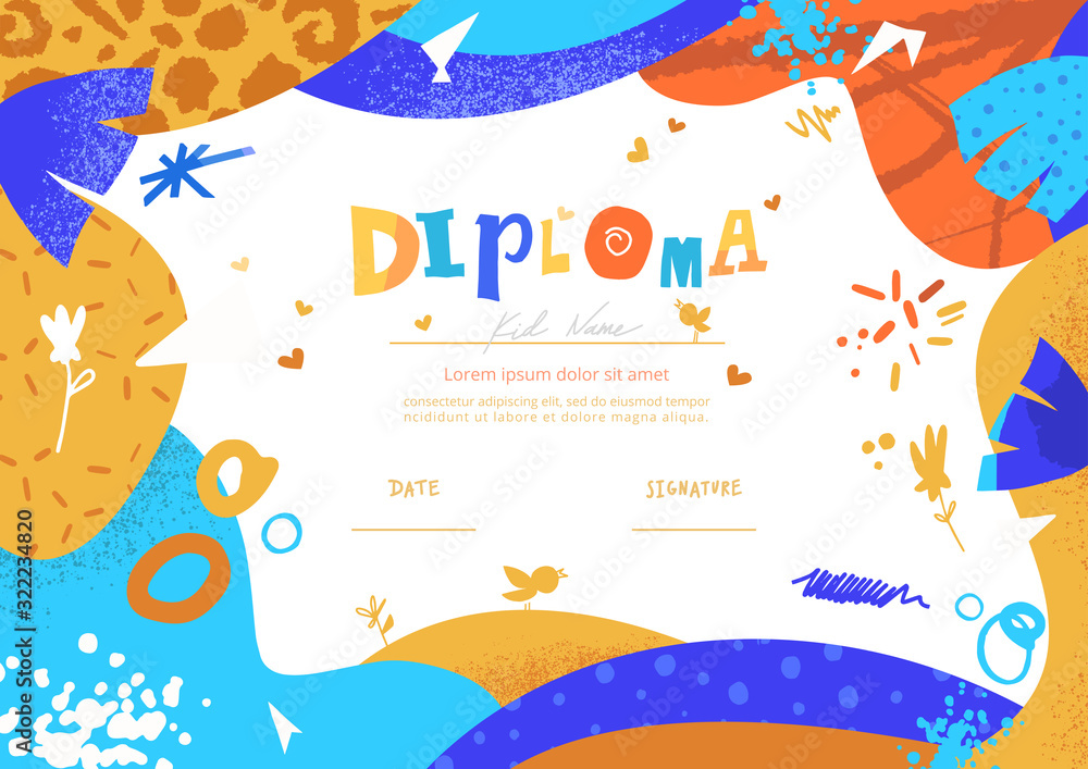 Modern colorful Diploma template for kids. Vector illustration template certificate background with hand drawn letters of Preschool school, preschool or playschool. 