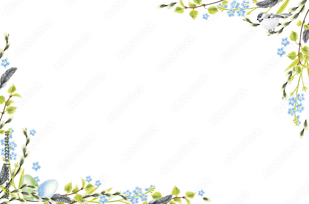 Background and frame with Easter Attributes on a white background. Drawing with colored pencils. Background and frame with Easter Attributes on a white background. Drawing with colored pencils.