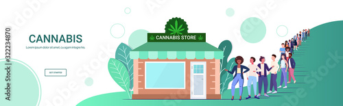 mix race people standing line queue to cannabis store marijuana organic shop cbd products weed purchase drugs consumption concept horizontal full length copy space vector illustration