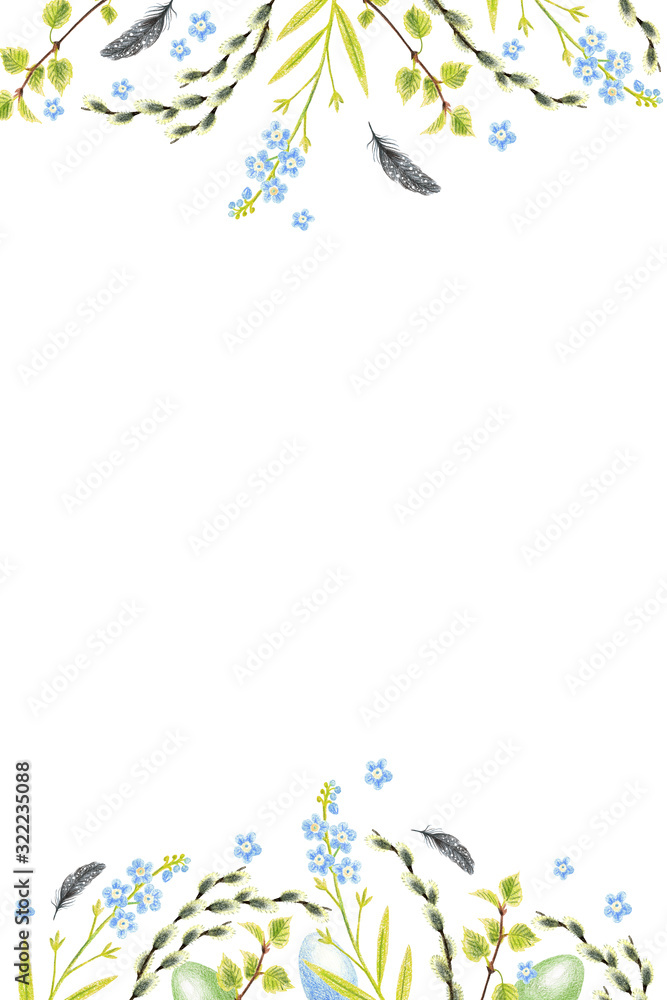 Background and frame with Easter Attributes on a white background. Drawing with colored pencils. Background and frame with Easter Attributes on a white background. Drawing with colored pencils.