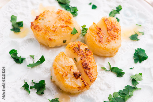 Close up of pan seared sea scallops