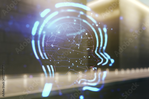 Hologram of a human head with microcircuits on a background of abstract exterior, machine learning and artificial intelligence concept photo