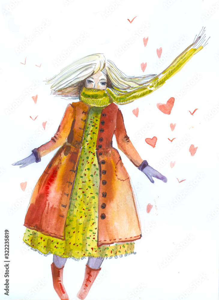 watercolor girl in a long dress and a coat  