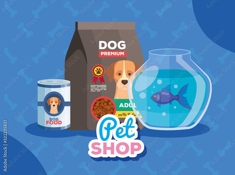 Plakat pet shop with food for dog and fishbowl vector illustration design