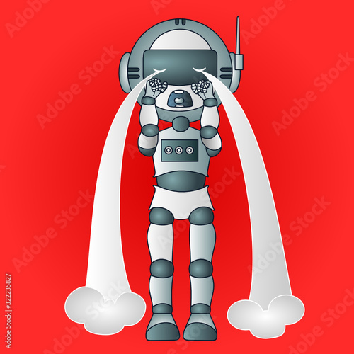 Emoji with a little crying robot from whose eyes a stream of tears pours, emoticon on red isolated background