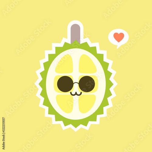 Funny and kawaii durian fruits. Cute Durian character with face expression and emoji . Vector illustration. Use for card, poster, banner, web design and print on t-shirt. Easy to edit.