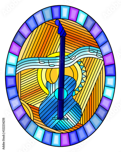 Illustration in stained glass style on the theme of music, abstract blue guitar and notes on an orange background, oval image in bright frame