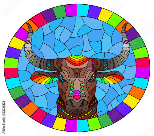 Illustration in stained glass style with  bull head in round bright frame on white background