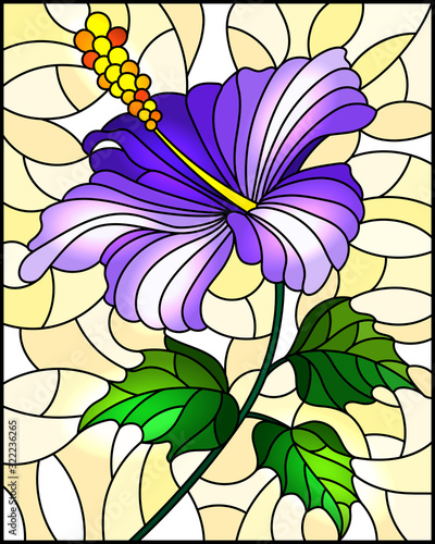 Illustration in stained glass style with flower  buds and leaves of purple hibiscus on a yellow  background