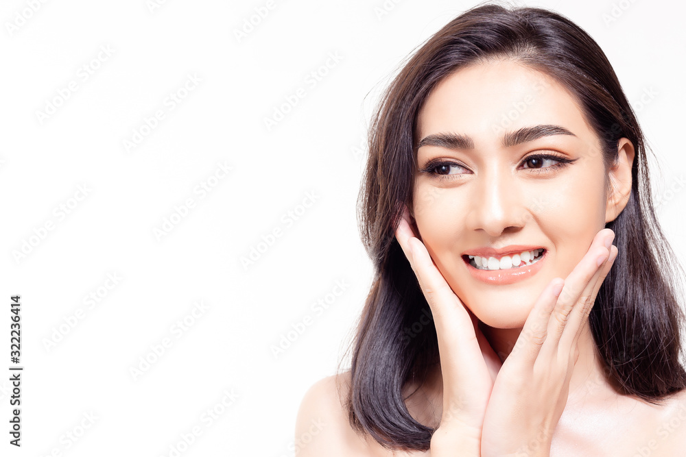 Beautiful face skin. Asian woman get beautiful face and nice skin. Attractive beautiful young girl looks at copy space with smiley face and satisfied facial skin. Pretty lady touch her beautiful face Beautiful face skin. Asian woman get beautiful face and nice skin. Attractive beautiful young girl looks at copy space with smiley face and satisfied facial skin. Pretty lady touch her beautiful face