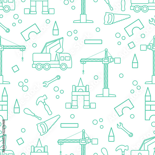 Vector seamless pattern kid toys Car, tools, crane