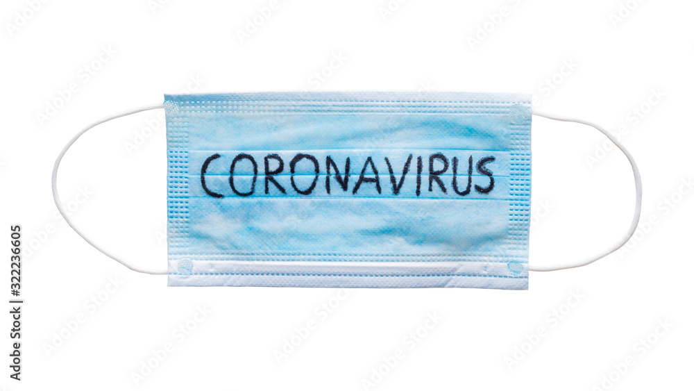 Coronavirus - 2019-nCoV, WUHAN virus concept. Surgical mask protective mask with CORONAVIRUS text isolated on white Background. Coronavirus - 2019-nCoV, WUHAN virus concept. Surgical mask protective mask with CORONAVIRUS text isolated on white Background.