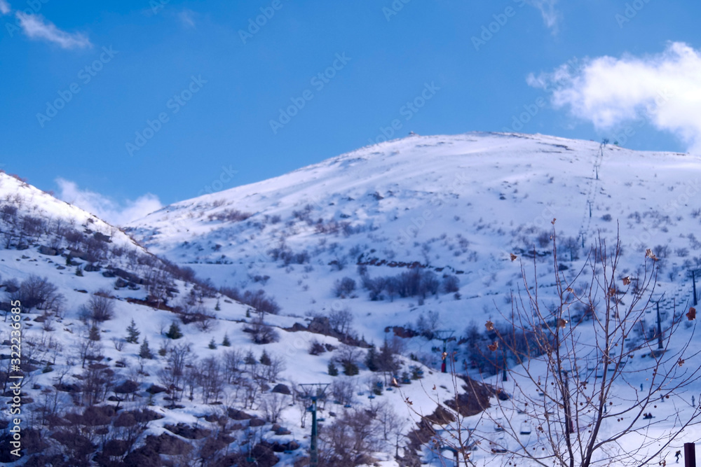 A beautyfool panoramic view of snowy mountain. Dramatic clouds. Trees in the Shed. blue sky. Mt hermon the higher mountain in Israel.
