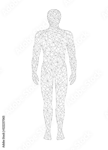 Human body low poly vector illustration on dark background. Medicine, science and technology concept.