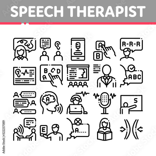 Speech Therapist Help Collection Icons Set Vector. Speech Therapist Therapy, Alphabet And Blackboard, Phone And Microphone Concept Linear Pictograms. Monochrome Contour Illustrations