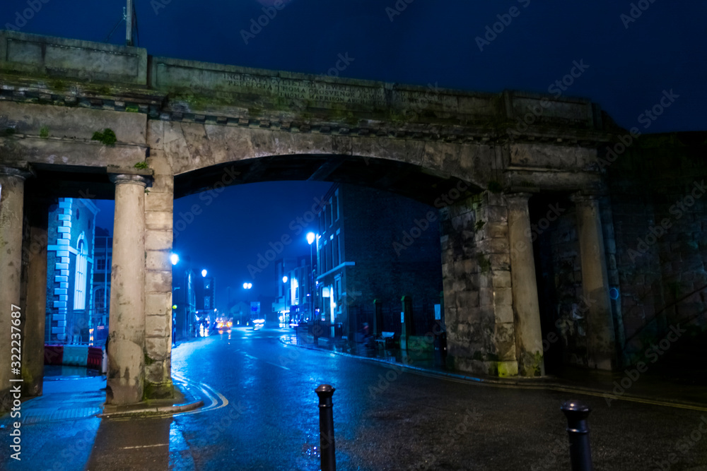 The medieval bridge in Chester city in the dark