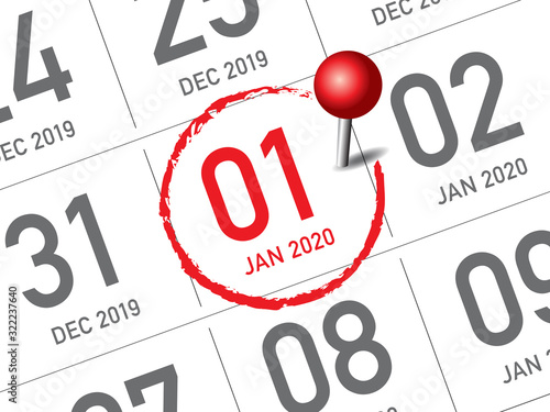 Close up of first day of the year 2020 on diary calendar.